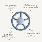 Blue steering wheel-shaped toy with text highlighting its features on a white background