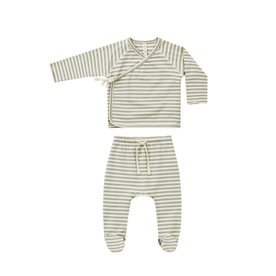 Wrap Top + Footed Pant Set - Sage Stripe by Quincy Mae