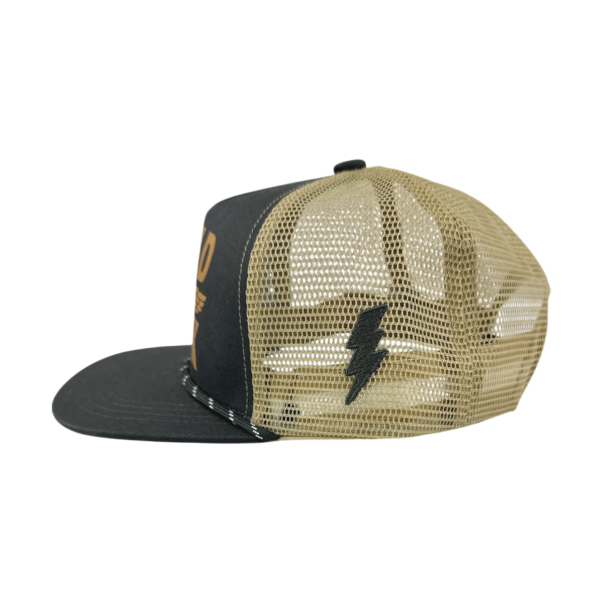 Mesh cap with black visor and gold mesh back on a white background