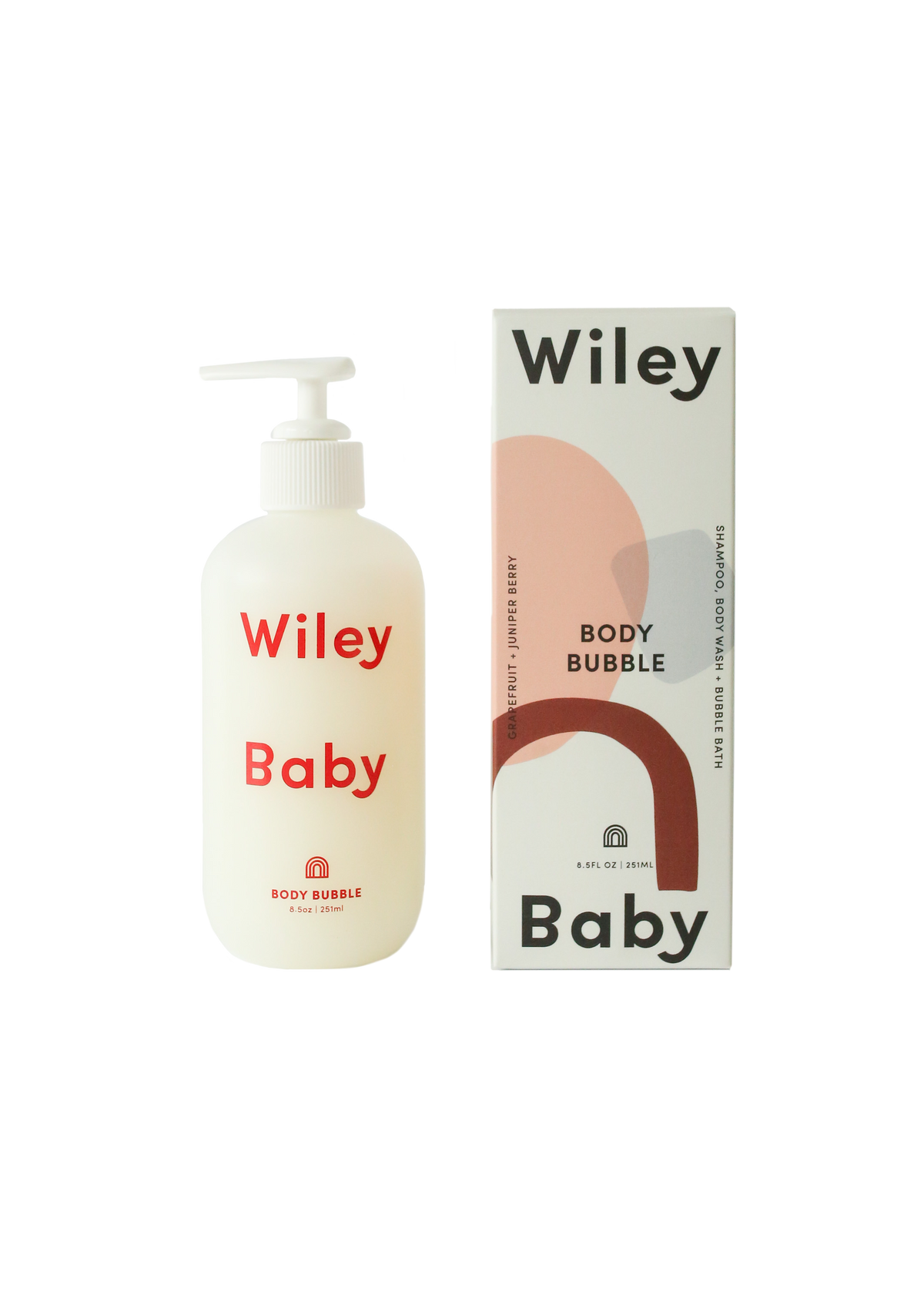 A bottle of Wiley Baby Body Bubble next to its product box on a plain white background. The bottle is frosted white with red text, and the box features a minimalist design with pink, brown, and gray abstract shapes and black text.