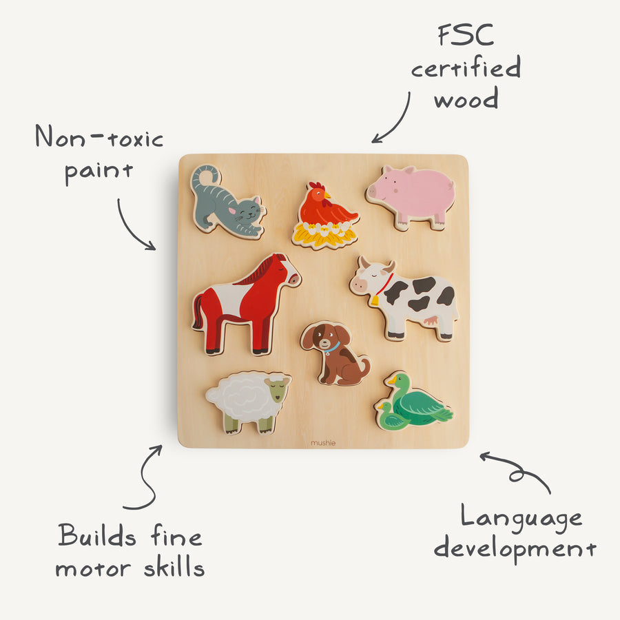 An infographic of the wooden farm animal puzzle highlighting product features with handwritten labels pointing to different elements: "FSC certified wood", "Non-toxic paint", "Builds fine motor skills", and "Language development".