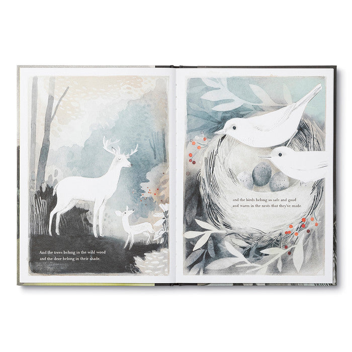 Open book with illustrations of a deer, birds, and nest on a white background