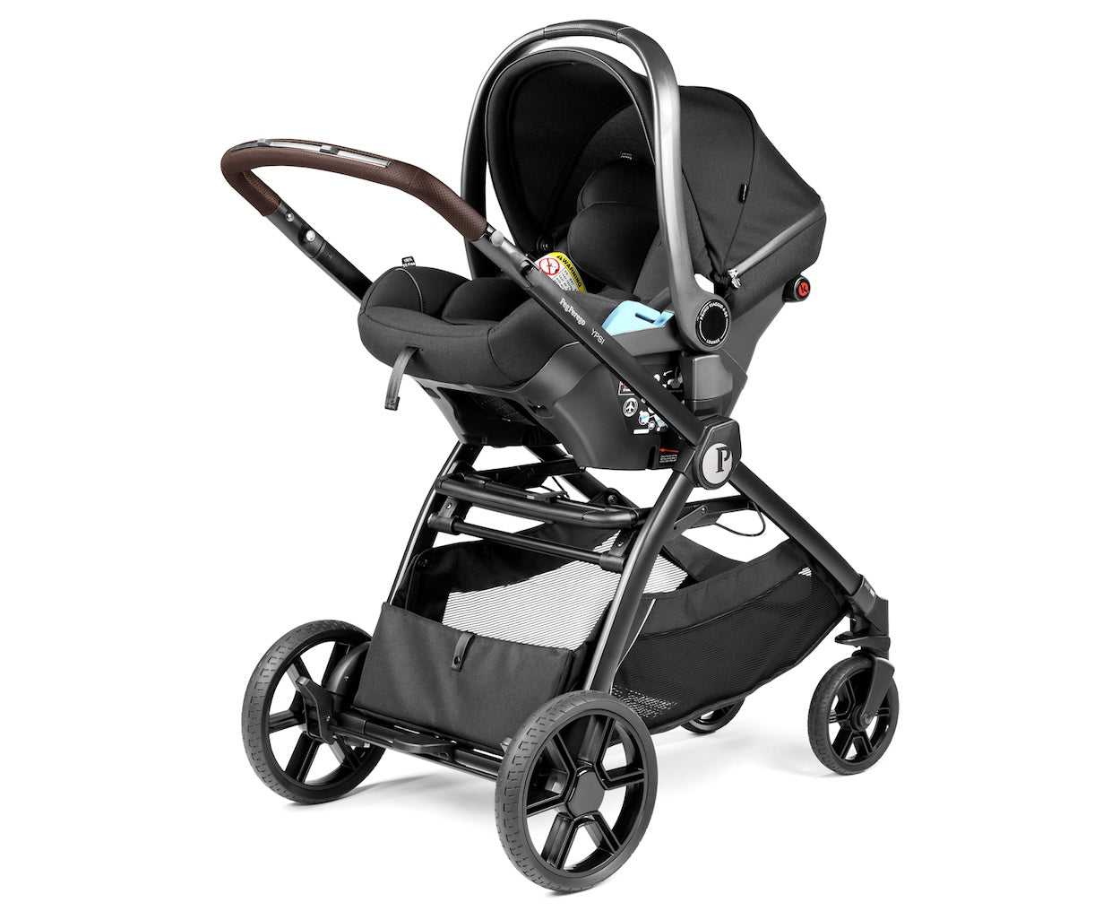 Black stroller with baby seat on a white background