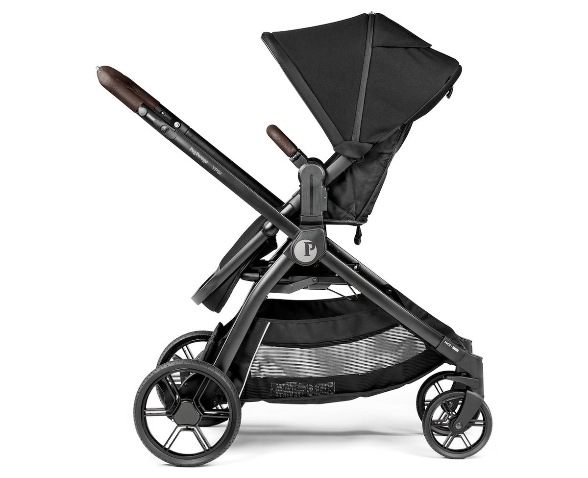 Black stroller with a folded seat on a white background