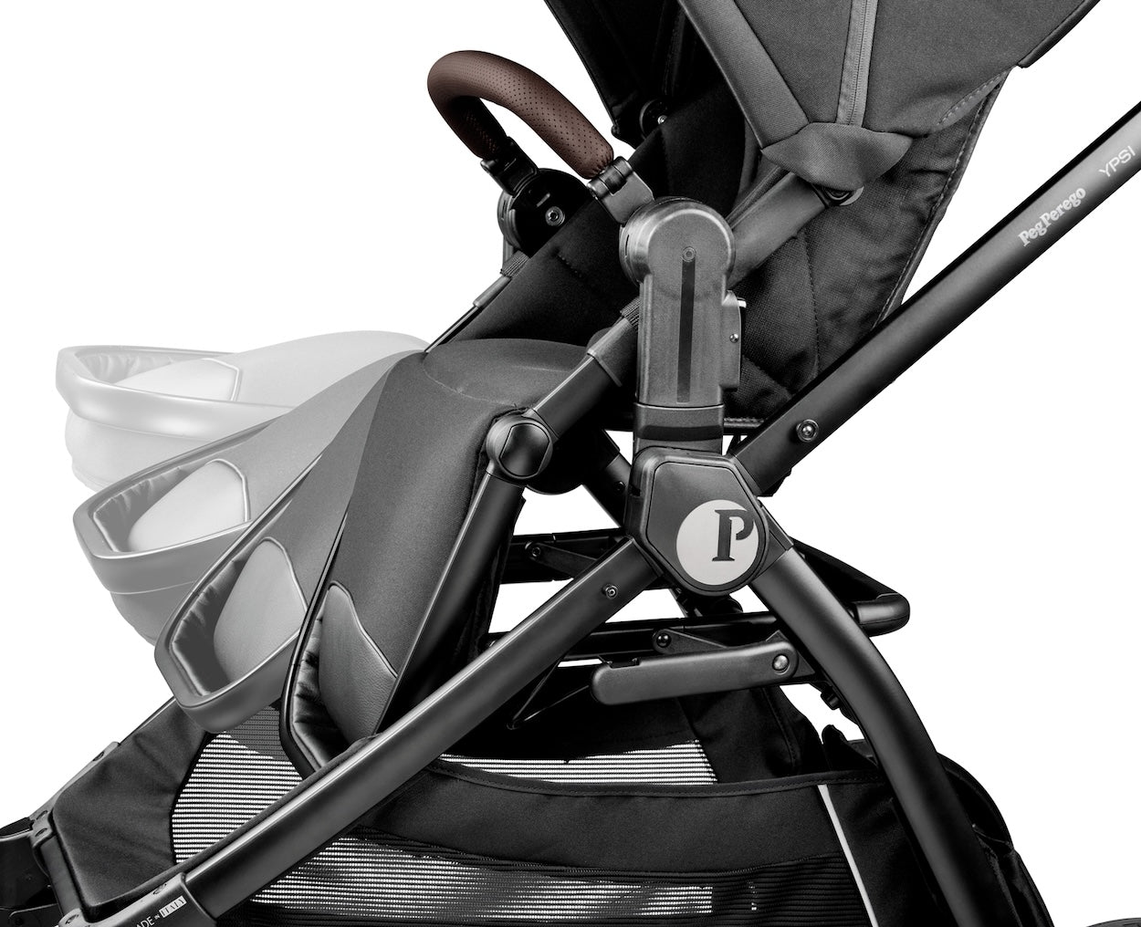 Close-up of a stroller with a visible brand logo on a white background