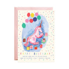 Birthday card with a unicorn illustration and colorful balloons on a white background