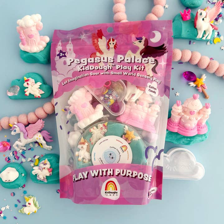 Pegasus Palace KidDough Play Kit packaging with unicorn-themed toys on a blue background