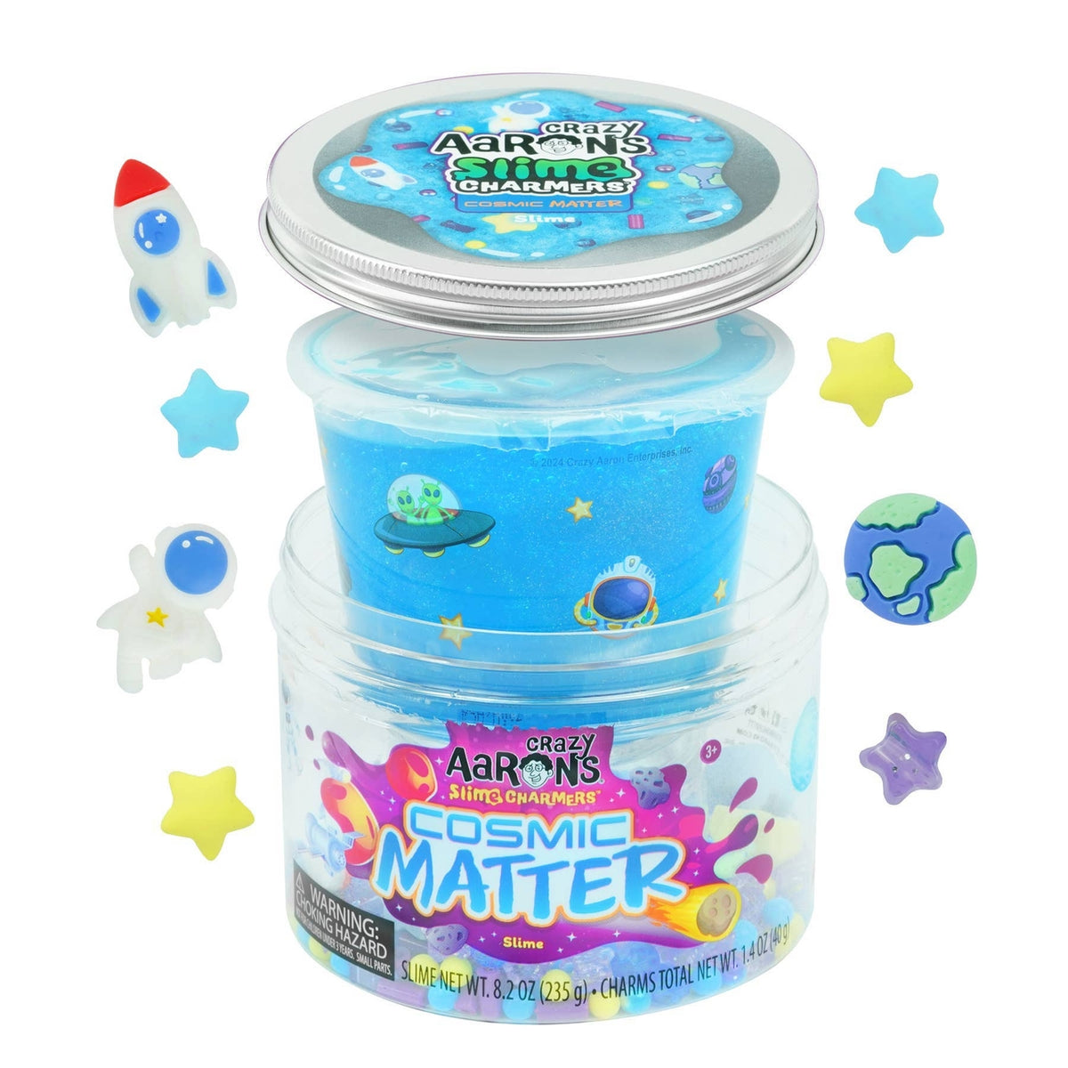 Jar of blue slime with 'Aaron's Slime' branding on a white background with space-themed decorations.