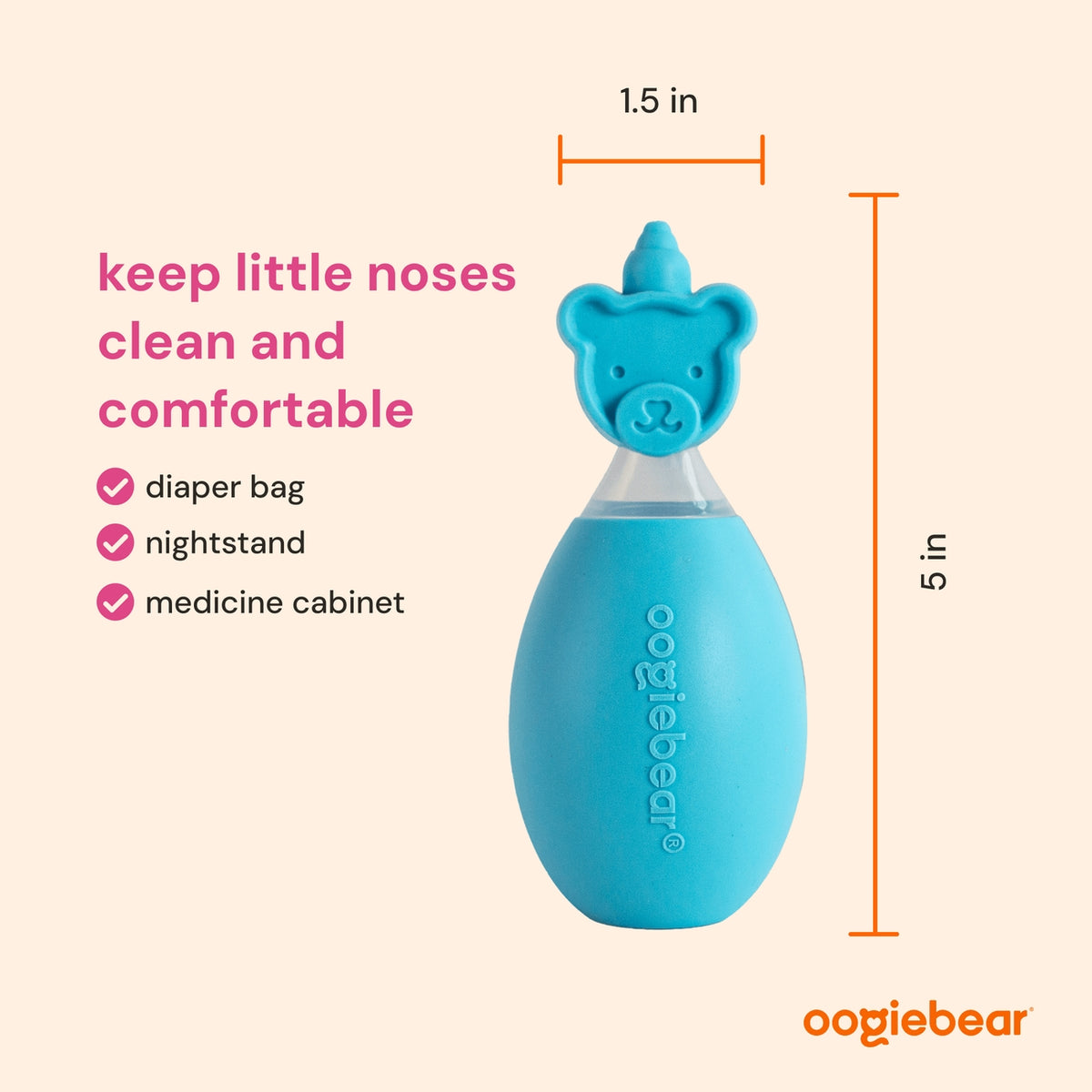 A blue OogieBear baby nasal spray bottle with a bear face top, shown on a light peach background with dimension labels indicating 1.5 in width and 5 in height, plus pink text listing use cases: diaper bag, nightstand, medicine cabinet.