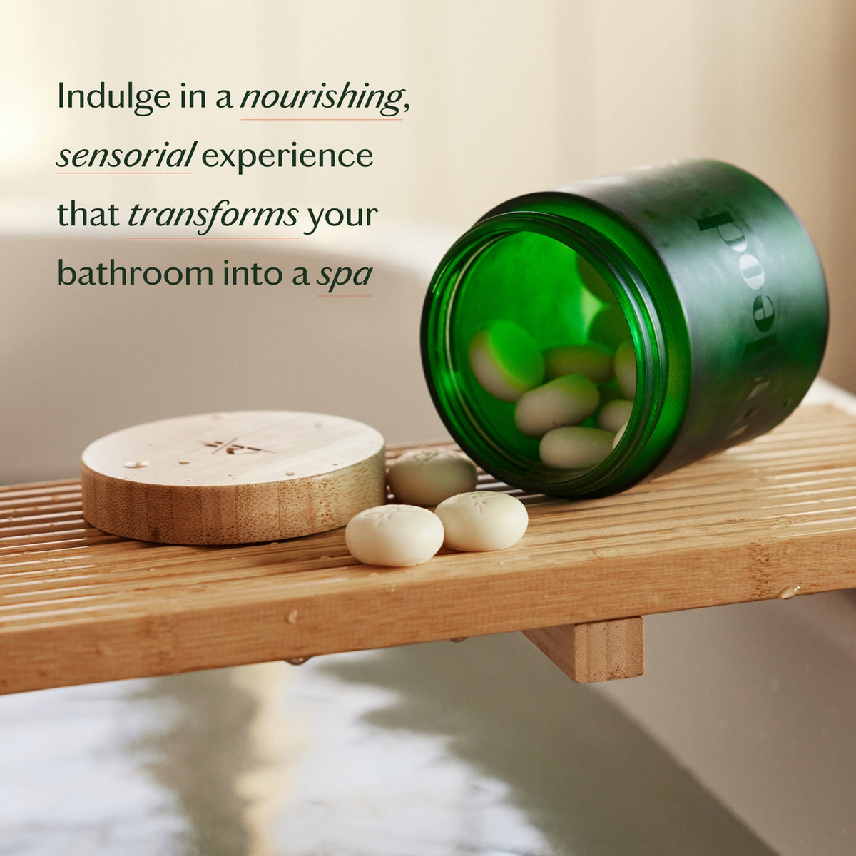 Green jar with bath bombs on a wooden shelf with text about a nourishing sensory experience.