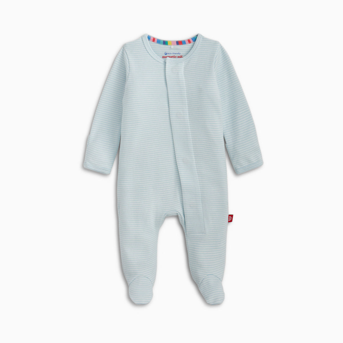 A baby footed sleeper in a light blue-green color with fine horizontal stripes, featuring a snap closure at the neck and a small red tag on the side, shown against a plain white background.