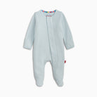 A baby footed sleeper in a light blue-green color with fine horizontal stripes, featuring a snap closure at the neck and a small red tag on the side, shown against a plain white background.
