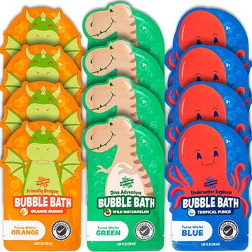 Three packages of bubble bath with dinosaur designs on a white background