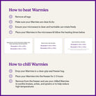 An instructional graphic detailing how to heat and chill Warmies products, with numbered steps for microwaving (removing tags, cleaning, checking turntable, and heating times) and chilling (using a freezer bag and freezing for 2-3 hours).