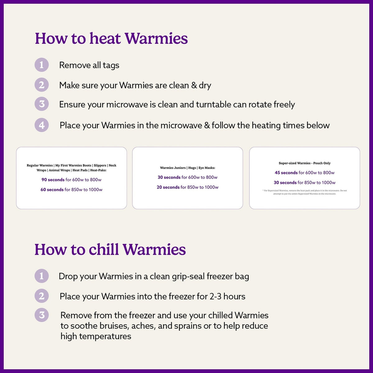 Instructions on how to heat and chill Warmies with a purple border.