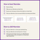 Instructions on how to heat and chill Warmies with a purple border.