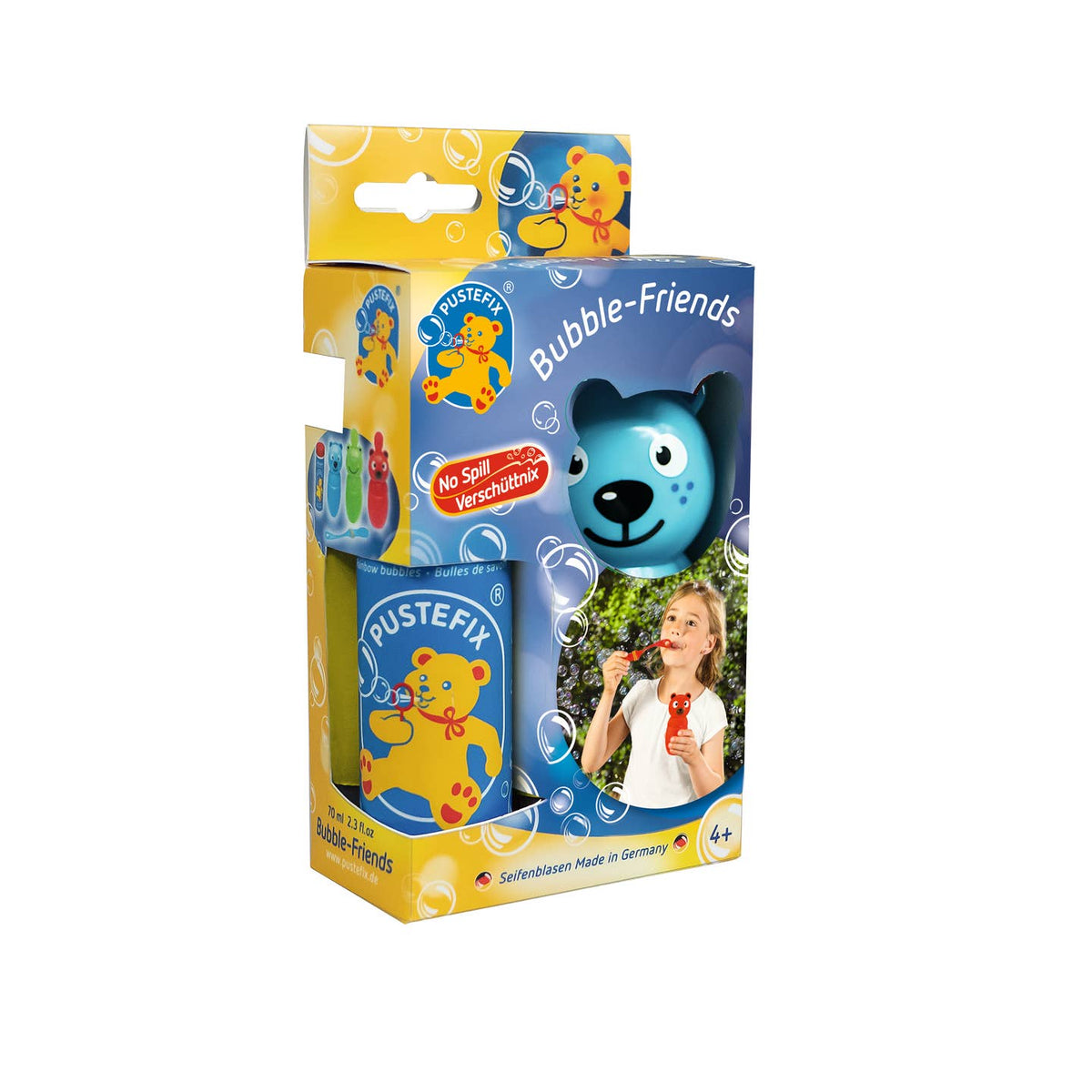 Pustefix Bubble-Friends packaging with a blue bubble blower and yellow box on a white background