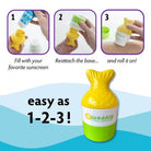 Instructions for using a sun-safe product with a pineapple-shaped container on a blue background.