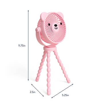 Pink bear-face mini desk fan on a flexible tripod stand, shown with dimension labels indicating 11.75 inches tall, 2.