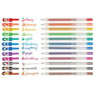 Set of colorful pens with fruit-themed designs on caps and names below on a white background
