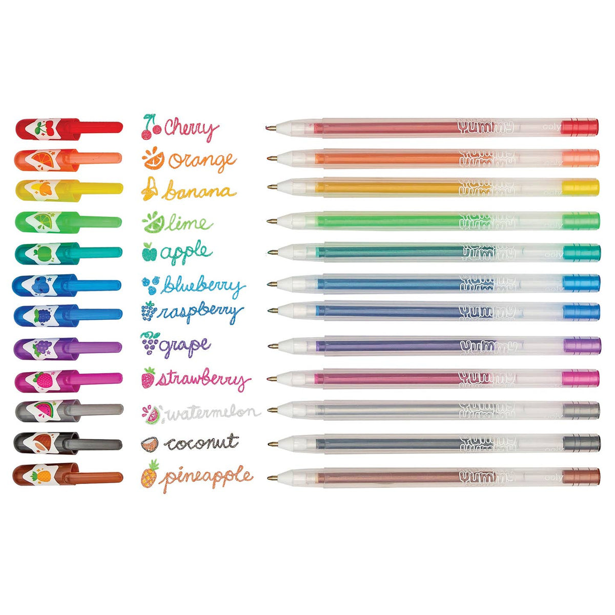 Set of colorful pens with fruit-themed designs on caps and names below on a white background