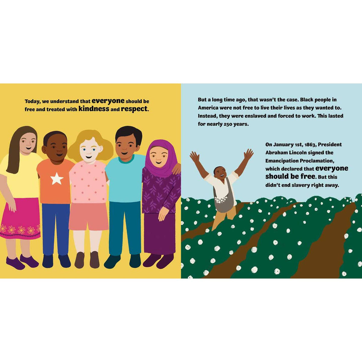 Educational book page about civil rights with children and historical text.