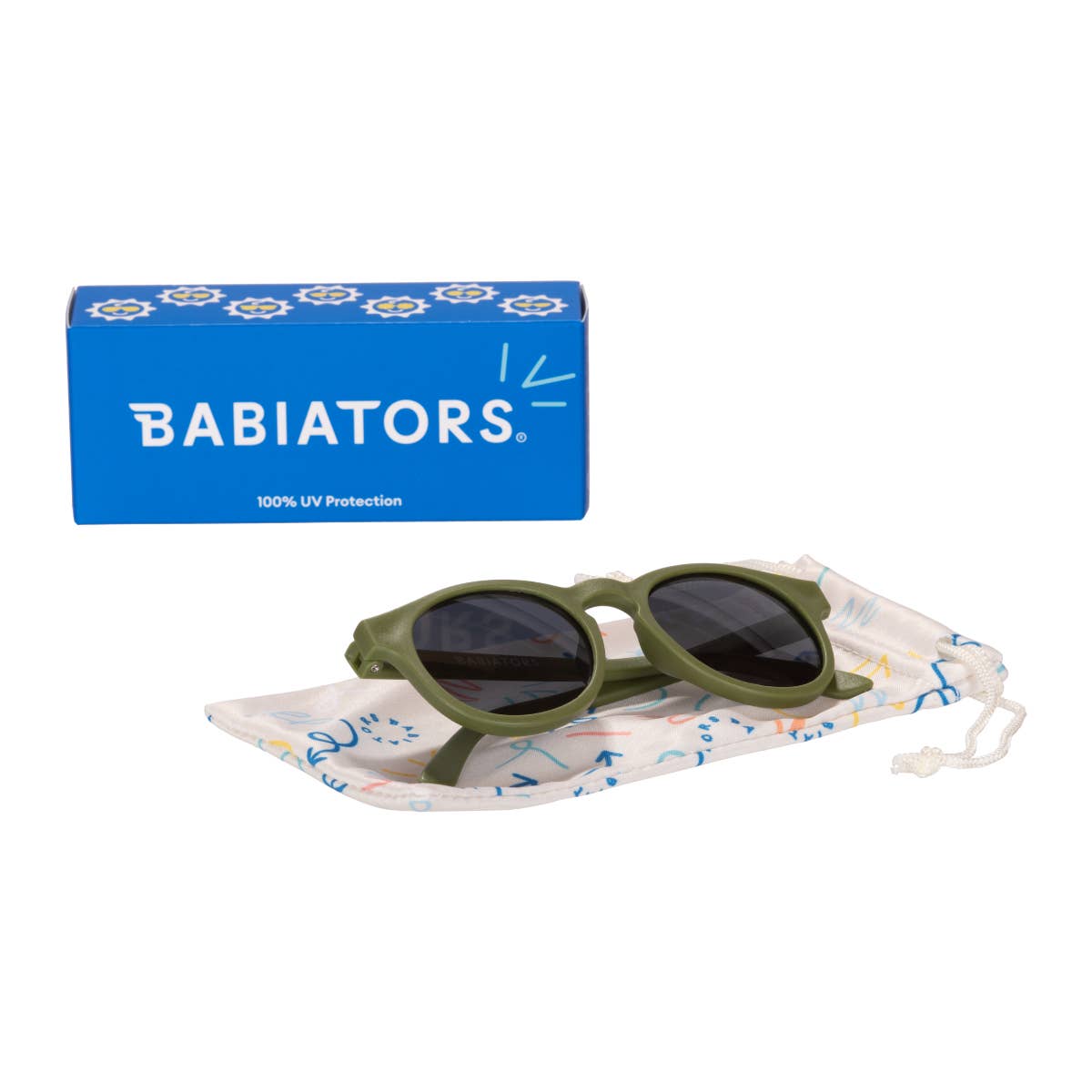 Green sunglasses with floral case and blue Babiators box on a white background