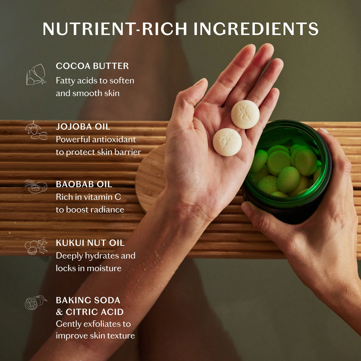 Hands holding skincare products with listed nutrient-rich ingredients on a wooden surface.