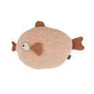 Fish-shaped plush toy with polka dot pattern on a white background