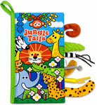 A colorful children's soft fabric activity book titled 'Jungle Tails' with a bright illustrated cover and multiple textured animal-shaped tabs along the right side, shown on a plain white background.