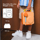 Person holding a orange lunch box with features highlighted on a beige background