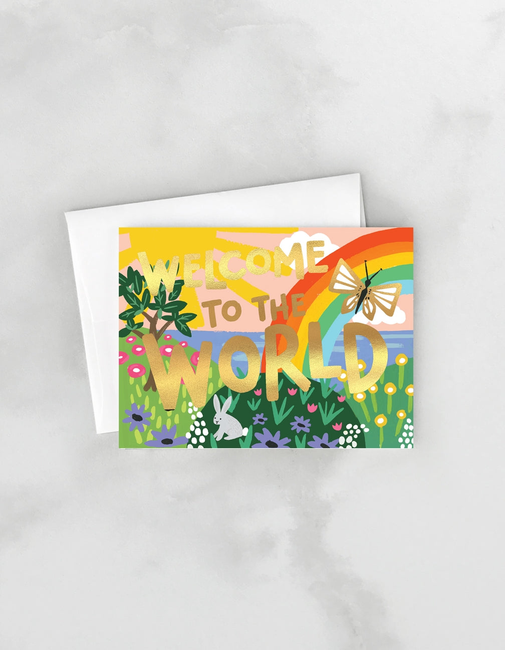Greeting card with 'Welcome to the World' text and rainbow design on a white background