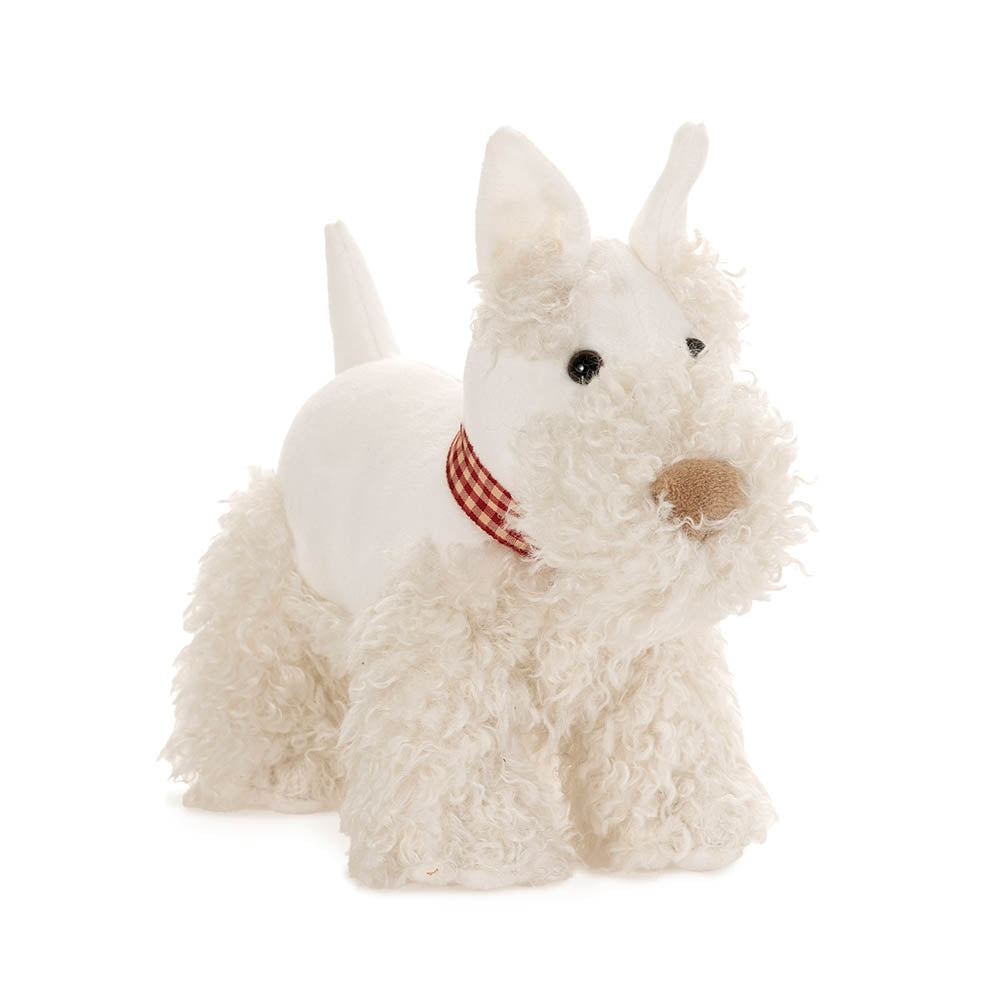 Plush toy dog with a red collar on a white background