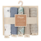 Pack of five baby muslin wash cloths with a 'Crane Baby' label on a beige hanger.