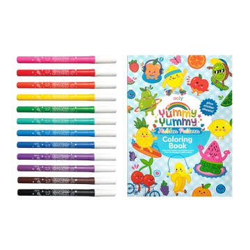 A set of 12 colorful markers aligned next to a children's coloring book titled 'Yummy Yummy Kids' Coloring Book' on a plain white background.
