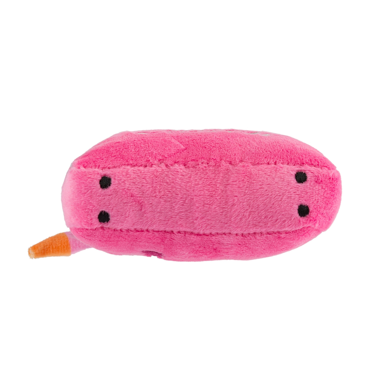 Pink plush toy with black dots on a white background