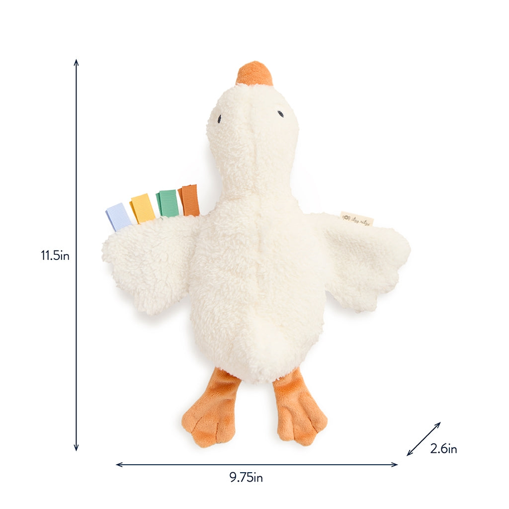 Plush toy goose with measurements on a white background