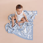 Baby sitting on a blue patterned blanket against a beige background