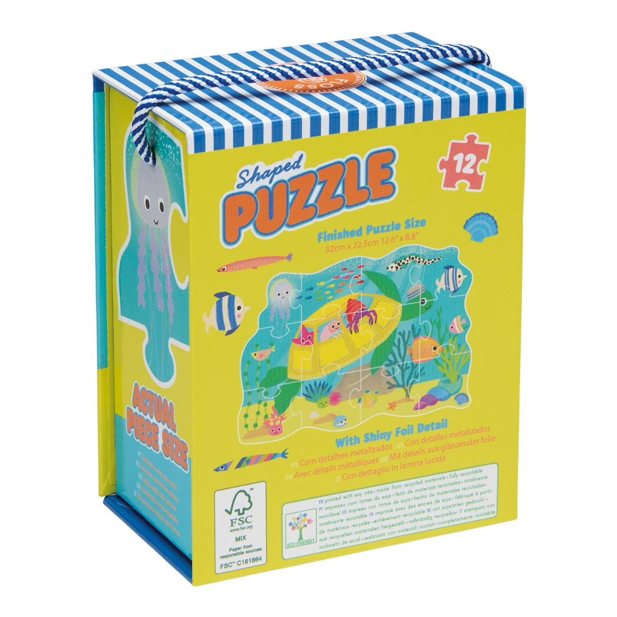 A shaped wooden puzzle box with a blue and white striped lid and handle, featuring a bright yellow front panel with colorful underwater-themed puzzle illustrations and a large jellyfish graphic.