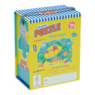 A shaped wooden puzzle box with a blue and white striped lid and handle, featuring a bright yellow front panel with colorful underwater-themed puzzle illustrations and a large jellyfish graphic.