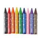 A set of nine Oily crayons in a row, showing their colored wax bodies and white star patterns, on a solid white background.