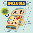 Wooden robot toy with lights and switches, including dimensions and feature details on a light blue background.