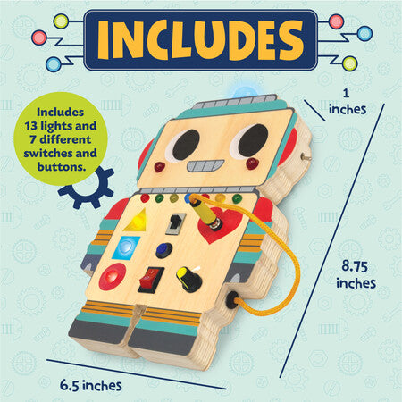 Wooden robot toy with lights and switches, including dimensions and feature details on a light blue background.