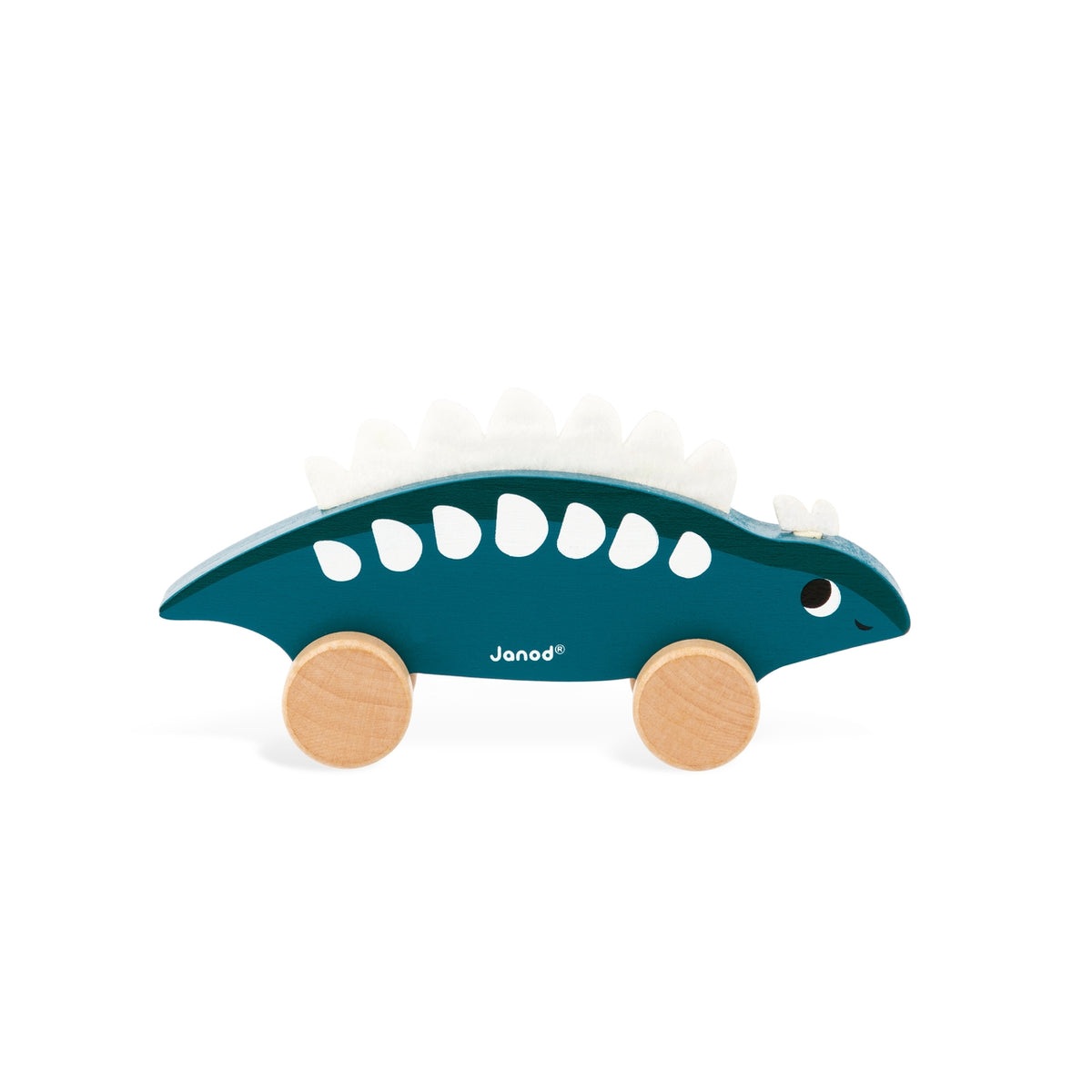 Toy dinosaur with wooden wheels on a white background
