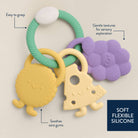Silicone teething toys with text highlighting features on a beige background