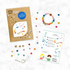 Colorful beaded bracelet kit with packaging, beads, and instructions on a white background