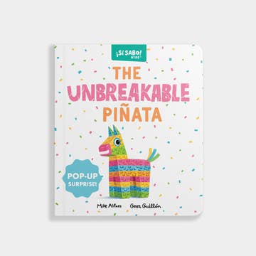 Book titled 'The Unbreakable Piñata' with a colorful llama illustration on a white background