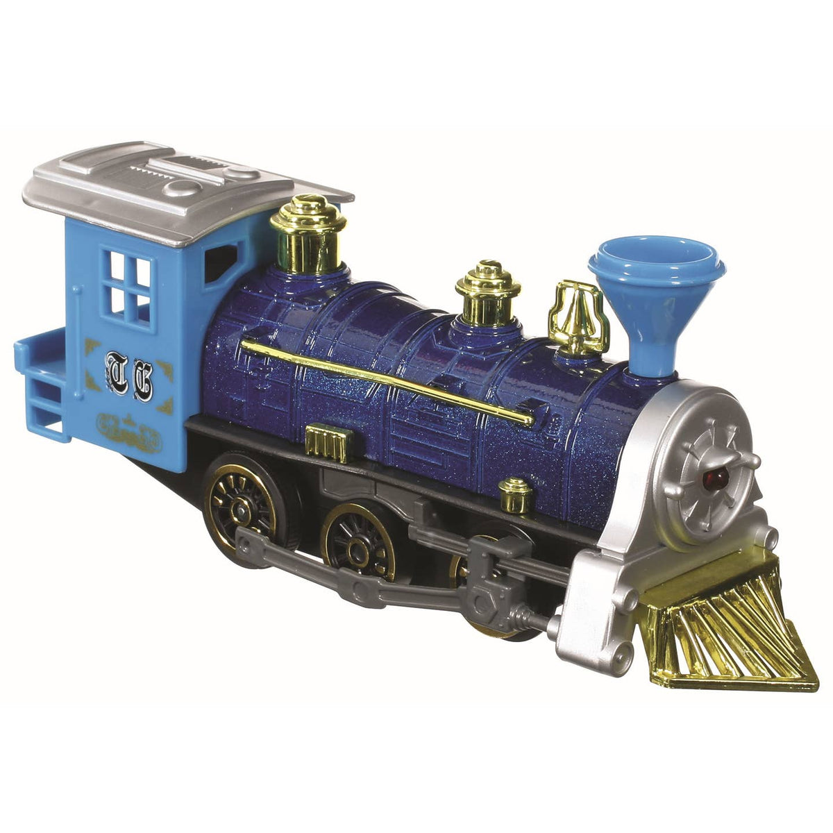 Toy train engine with blue and silver design on a white background
