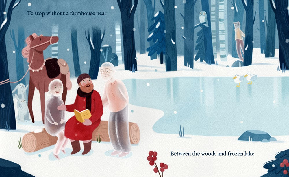 Illustration of a winter scene with people by a frozen lake, surrounded by trees and a horse.