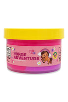 A tub of glittery pink playdough with a bright yellow lid and a pink label that reads 'HORSE ADVENTURE' with a cartoon horse, hearts, and flowers.